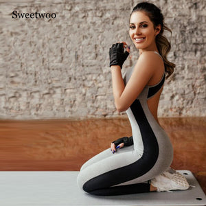 Grey Woman Sport Fitness Clothes Yoga Wear Striped Sports Overalls Sexy Criss Cross Jumpsuit Yoga Fitness Overalls Sportswear