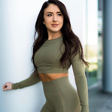 Load image into Gallery viewer, Women Seamless Yoga Sets Workout Clothes for Women Long Sleeve Crop Top + Mesh Leggings Running Sport Suit Gym Clothing 2 Pieces