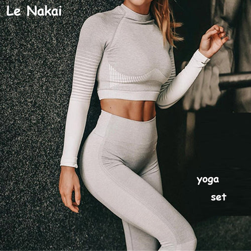 2 Pcs Seamless Workout Clothes For Women Long Sleeve Yoga Set Crop Top Sport Suit Workout Sportswear Gym Fitness Outfit Clothes